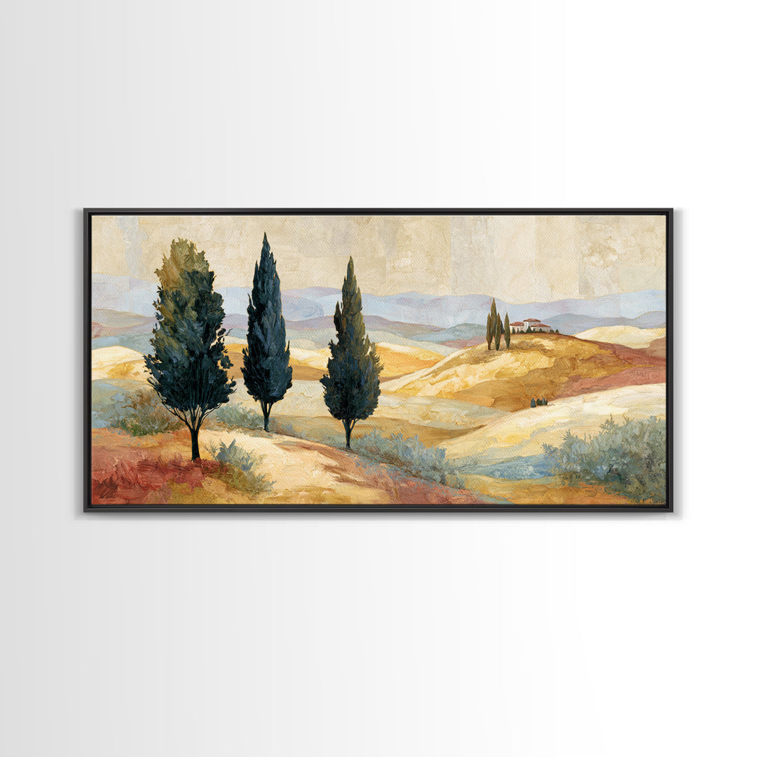 Tuscan Cypress Trees and Golden Hillside Canvas Print, Mediterranean Art, Neutral Decor, Living Room Decor, Abstract Art, Azure, MAR-2x1-2