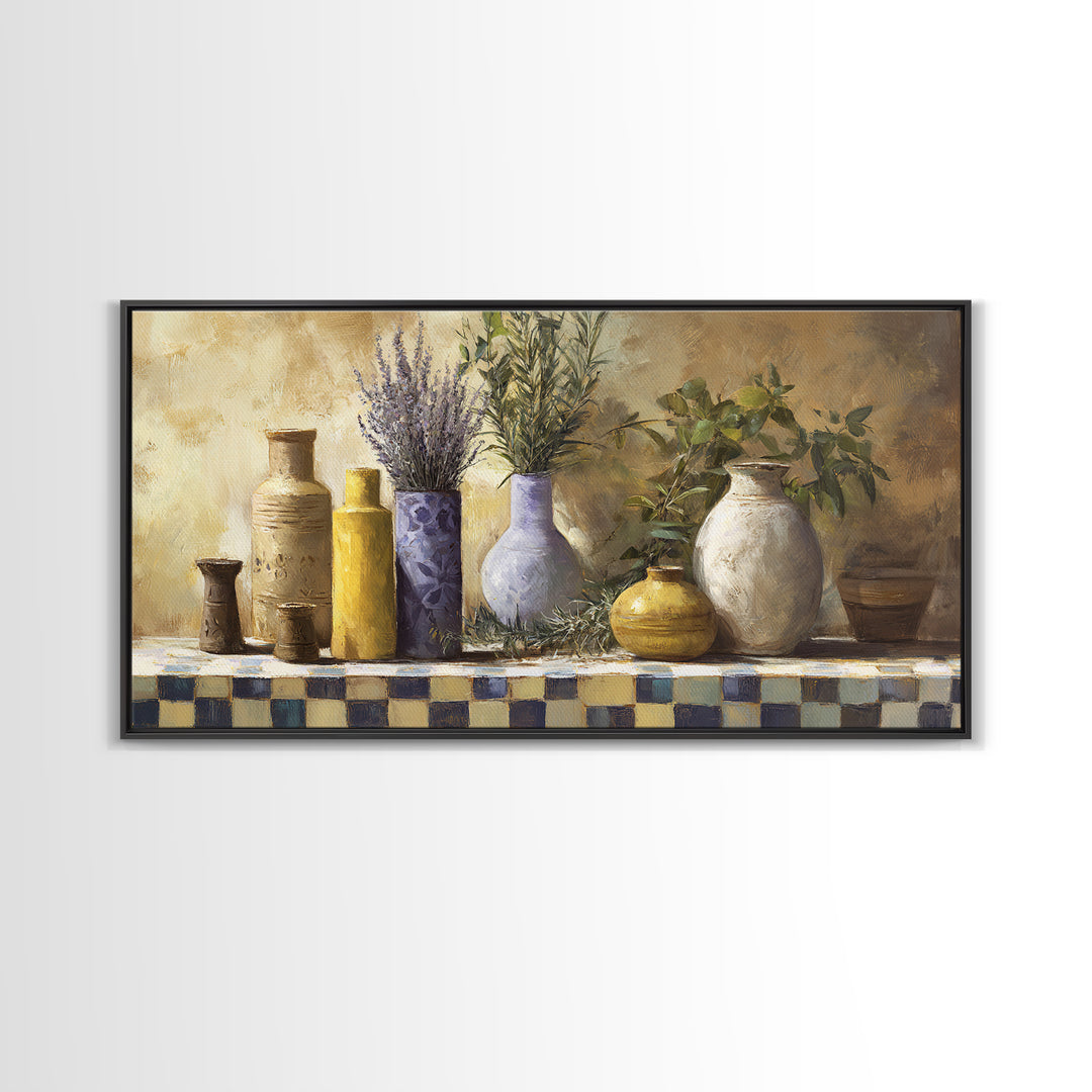 Wild Herbs Rosemary and Thyme Botanical Study Framed Canvas Print, Mediterranean Art, Fine Art Print, Living Room Decor, Azure, MAR-2x1-20