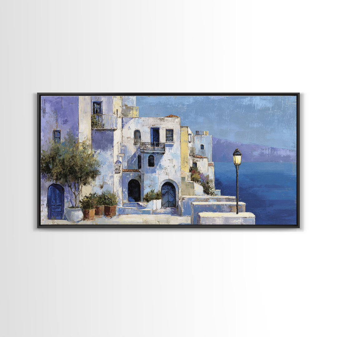 Greek Island White Buildings Above Blue Sea Canvas Print, Mediterranean Art, Luxury Decor, Living Room Decor, Oil Painting, MAR-2x1-21