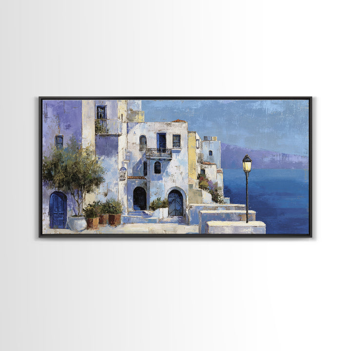 Greek Island White Buildings Above Blue Sea Canvas Print, Mediterranean Art, Luxury Decor, Living Room Decor, Oil Painting, MAR-2x1-21