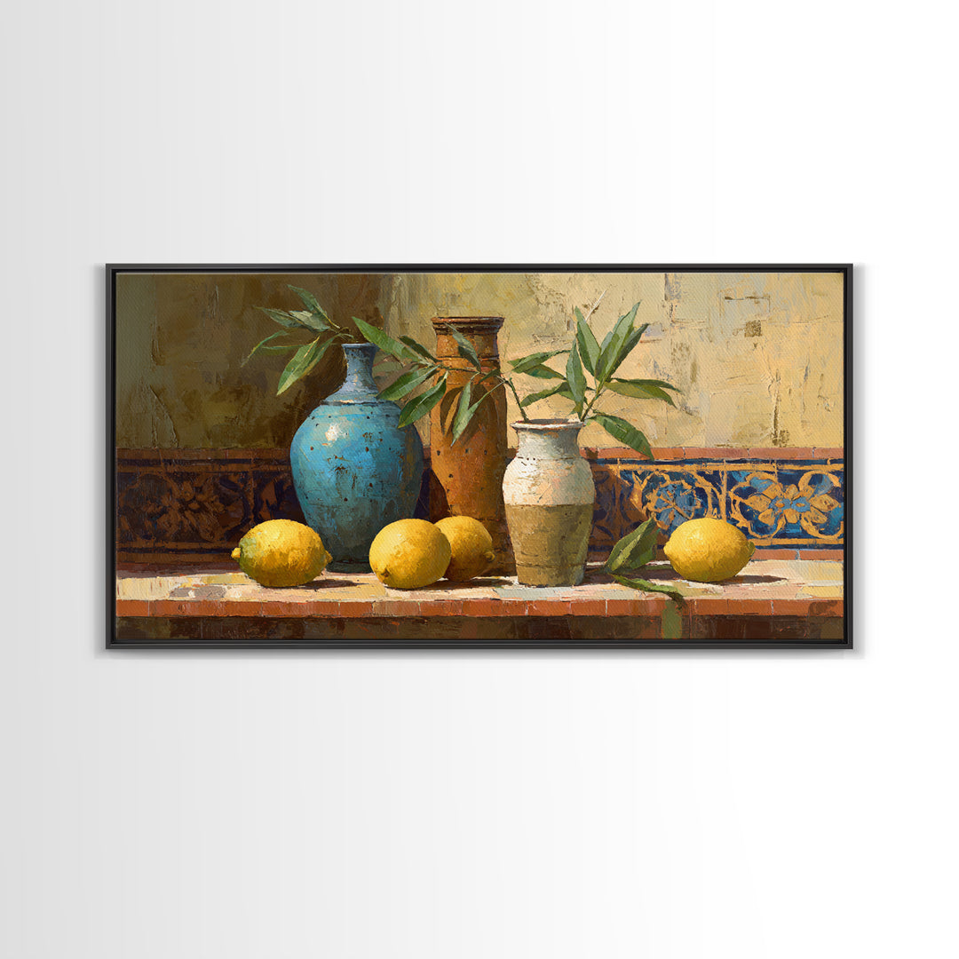 Olive Branch and Lemons on Terracotta Ground Canvas Print, Mediterranean Art, Wall Decor, Living Room Decor, Fine Art, Azure, MAR-2x1-22