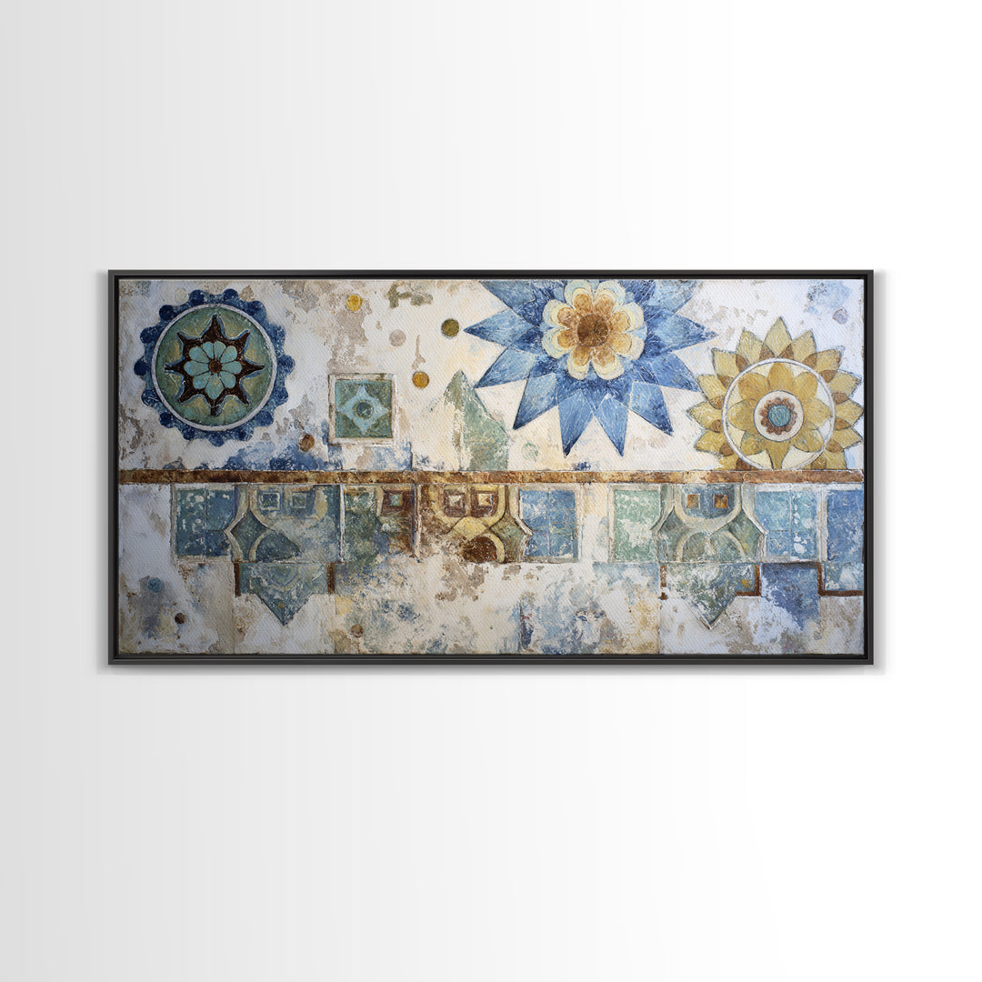 Blue and White Tile Pattern Framed Canvas Print, Mediterranean Art, Textured Painting, Living Room Decor, Fine Art, Azure, MAR-2x1-24