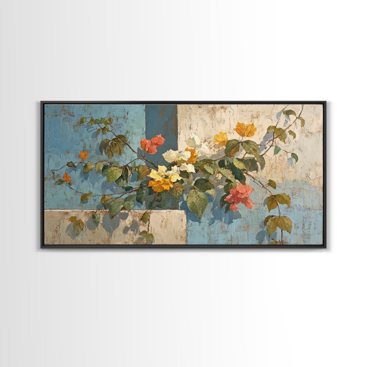 Bougainvillea Cascading over Stone Wall Framed Canvas Print, Mediterranean Art, Art Print, Living Room Decor, Fine Art, Azure, MAR-2x1-25