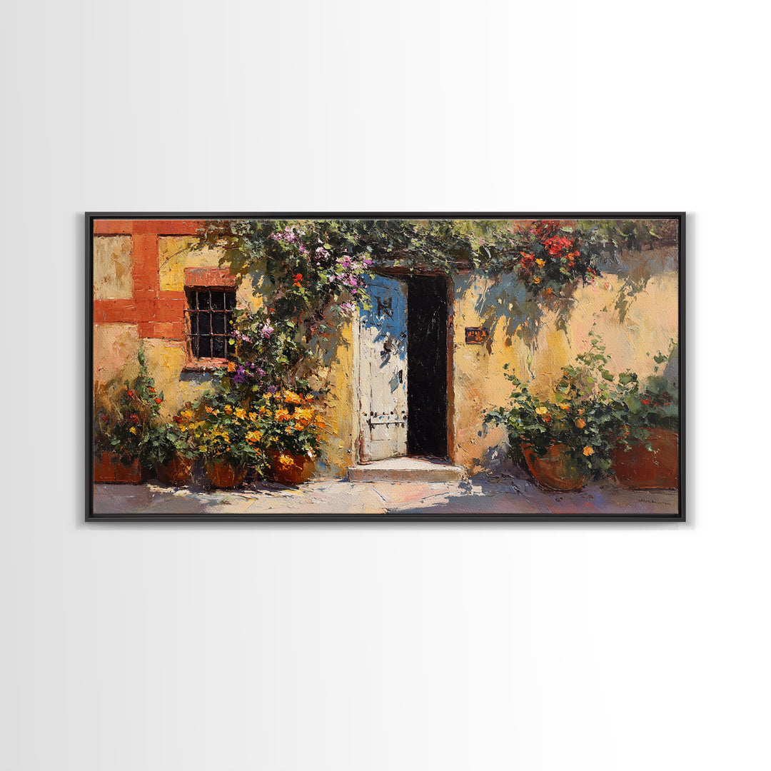Sunlit Courtyard Doorway Canvas Print, Mediterranean Art, Large Wall Art, Living Room Decor, Azure, Digital Art Prints, MAR-2x1-31