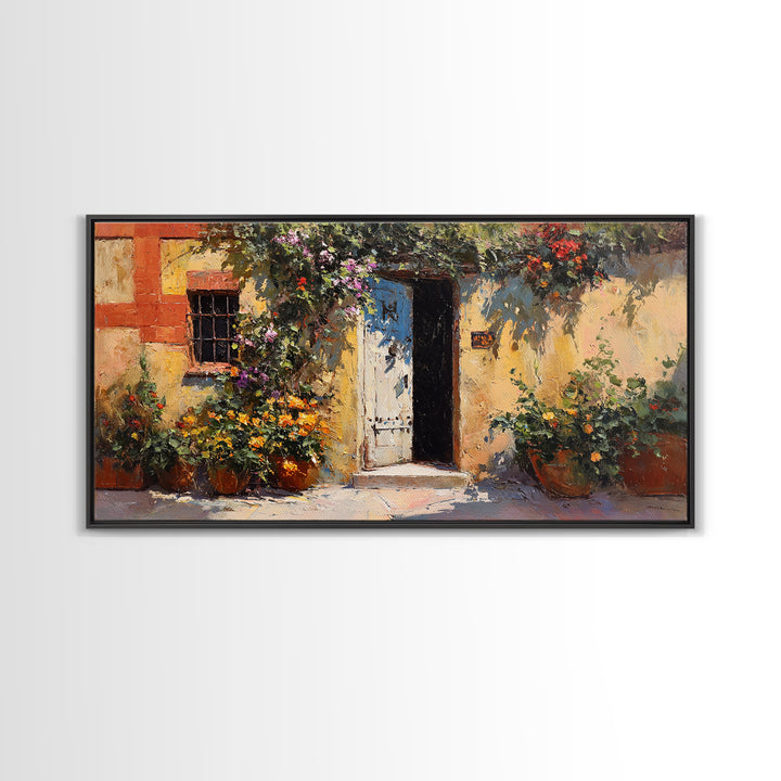 Sunlit Courtyard Doorway Canvas Print, Mediterranean Art, Large Wall Art, Living Room Decor, Azure, Digital Art Prints, MAR-2x1-31