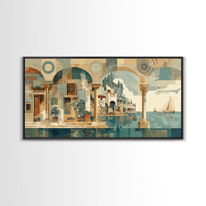 Ancient Column with Sea and Sky Beyond Canvas Print, Mediterranean Art, Minimalist Decor, Living Room Decor, Oil Painting, MAR-2x1-32