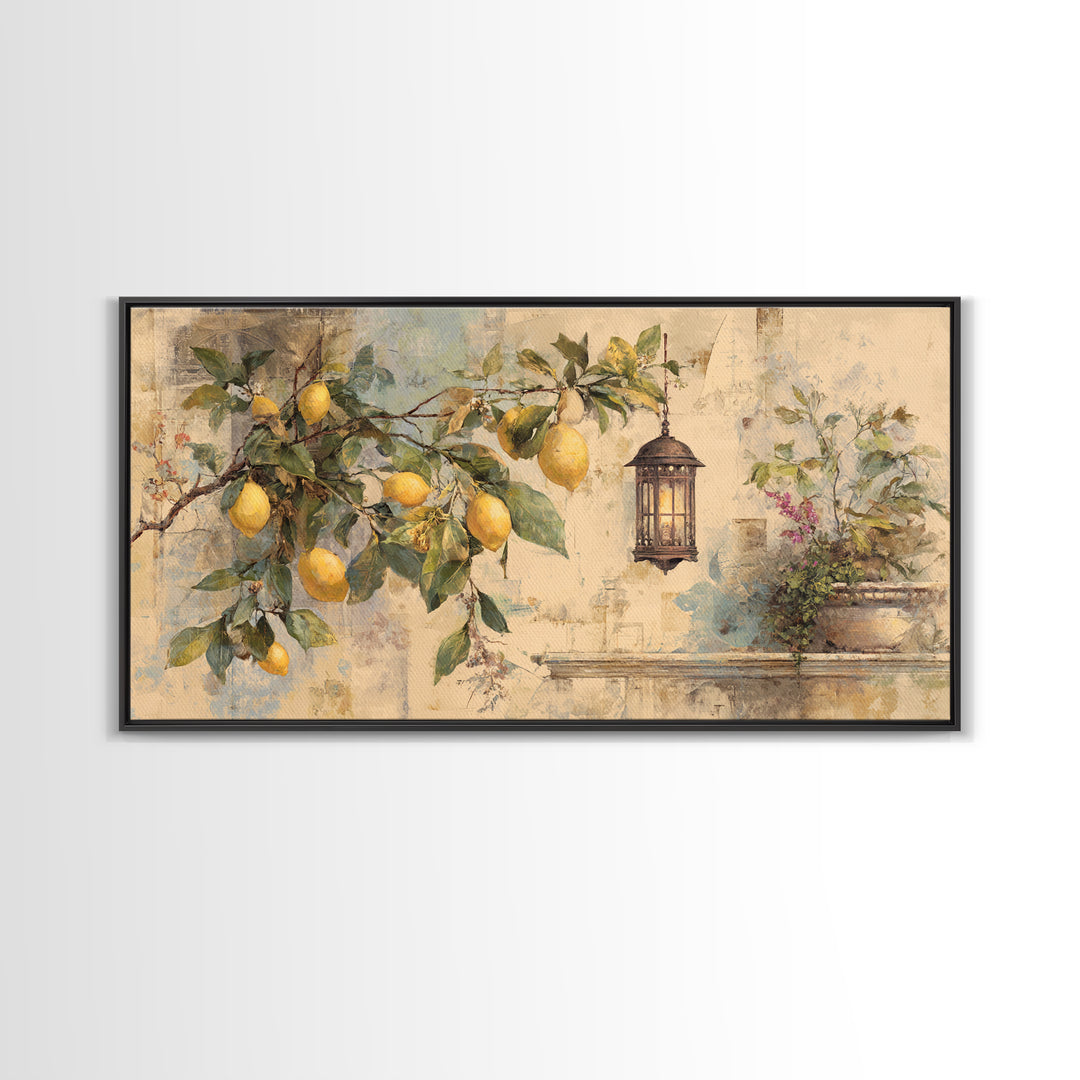 Sicilian Lemon Branch on Ivory Background Canvas Print, Mediterranean Art, Statement Artwork, Living Room Decor, Azure, MAR-2x1-33