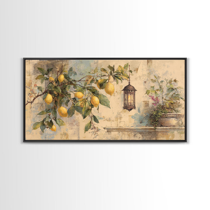 Sicilian Lemon Branch on Ivory Background Canvas Print, Mediterranean Art, Statement Artwork, Living Room Decor, Azure, MAR-2x1-33