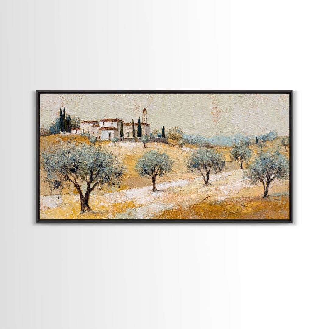 Olive Grove under Pale Morning Light Framed Canvas Print, Mediterranean Art, Boho Decor, Living Room Decor, Fine Art, Azure, MAR-2x1-37