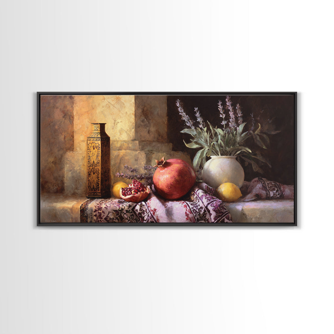 Pomegranate Still Life Canvas Print, Mediterranean Art, Living Room Decor, Oil Painting, Azure, Modern Wall Art, MAR-2x1-39