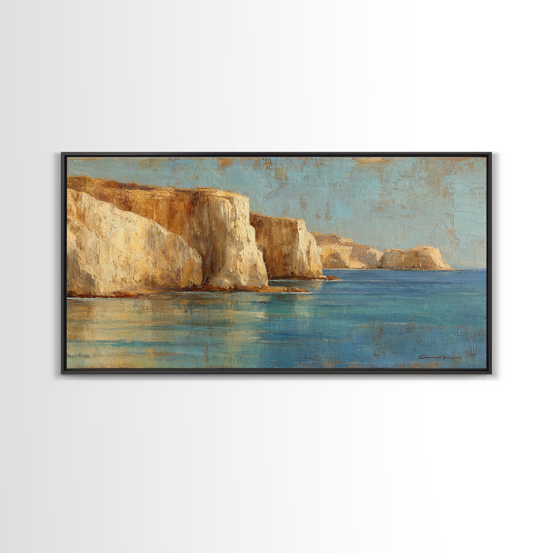 Coastal Cliffs with Sparkling Blue Water Framed Canvas Print, Mediterranean Art, Home Decor, Living Room Decor, Fine Art, Azure, MAR-2x1-40