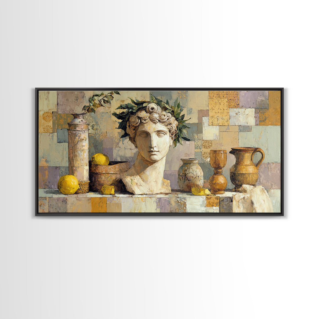 Roman Statue Bust Framed Canvas Print, Mediterranean Art, Gallery Decor, Living Room Decor, Fine Art, Azure, Minimalist Decor, MAR-2x1-42
