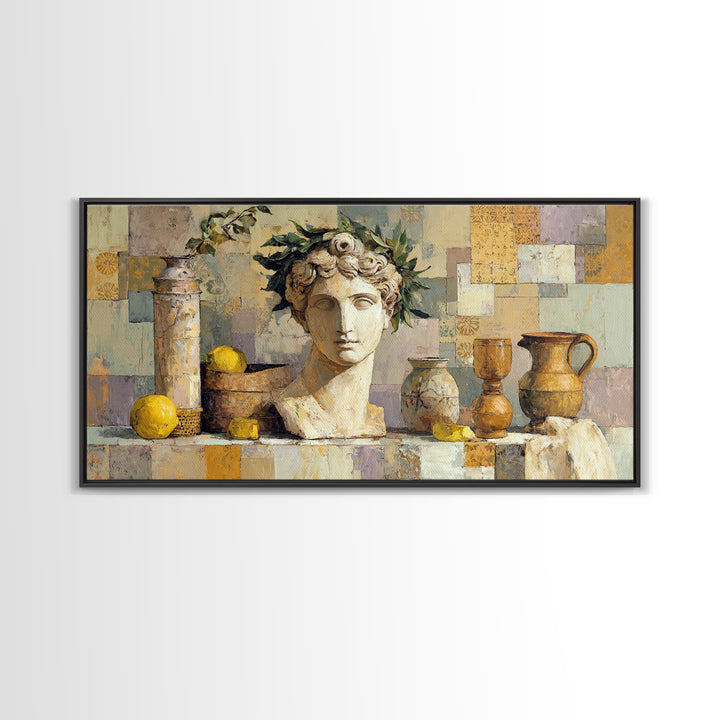 Roman Statue Bust Framed Canvas Print, Mediterranean Art, Gallery Decor, Living Room Decor, Fine Art, Azure, Minimalist Decor, MAR-2x1-42