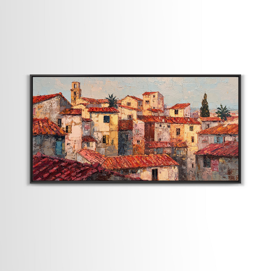 Sunset over Red Tiled Rooftops Framed Canvas Print, Mediterranean Art, Original Painting, Living Room Decor, Fine Art, Azure, MAR-2x1-43