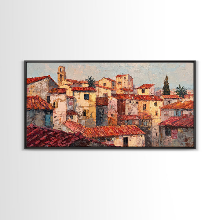 Sunset over Red Tiled Rooftops Framed Canvas Print, Mediterranean Art, Original Painting, Living Room Decor, Fine Art, Azure, MAR-2x1-43