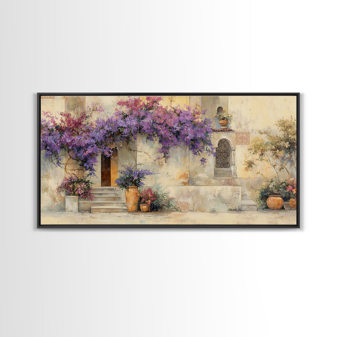Bougainvillea Cascading over Stone Wall Canvas Print, Mediterranean Art, Home Decor, Living Room Decor, Fine Art, Azure, MAR-2x1-49