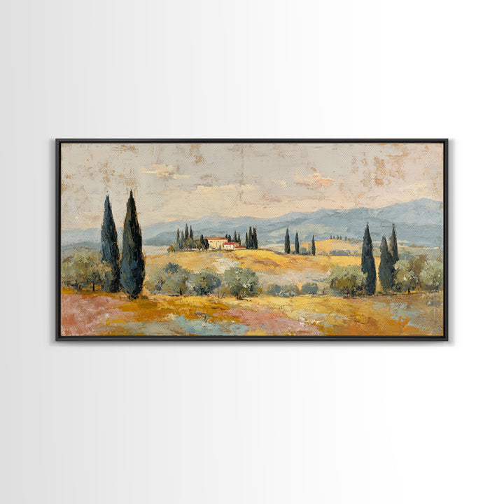 Tuscan Cypress Trees and Golden Hillside Framed Canvas Print, Mediterranean Art, Luxury Decor, Living Room Decor, Azure, MAR-2x1-50