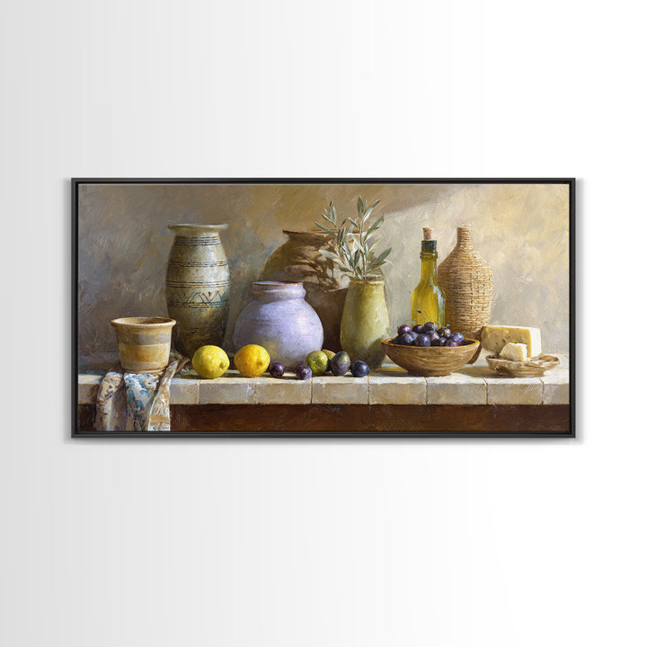 Figs Olives and Cheese Still Life Canvas Print, Mediterranean Art, Oil Painting, Living Room Decor, Azure, Nautical Decor, MAR-2x1-52