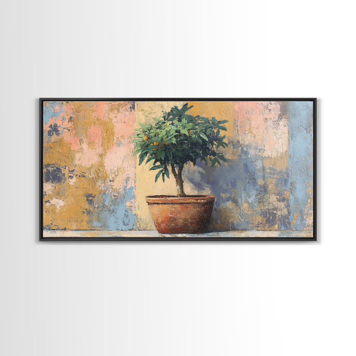 Citrus Tree in Clay Pot Framed Canvas Print, Mediterranean Art, Modern Decor, Living Room Decor, Fine Art, Azure, MAR-2x1-6