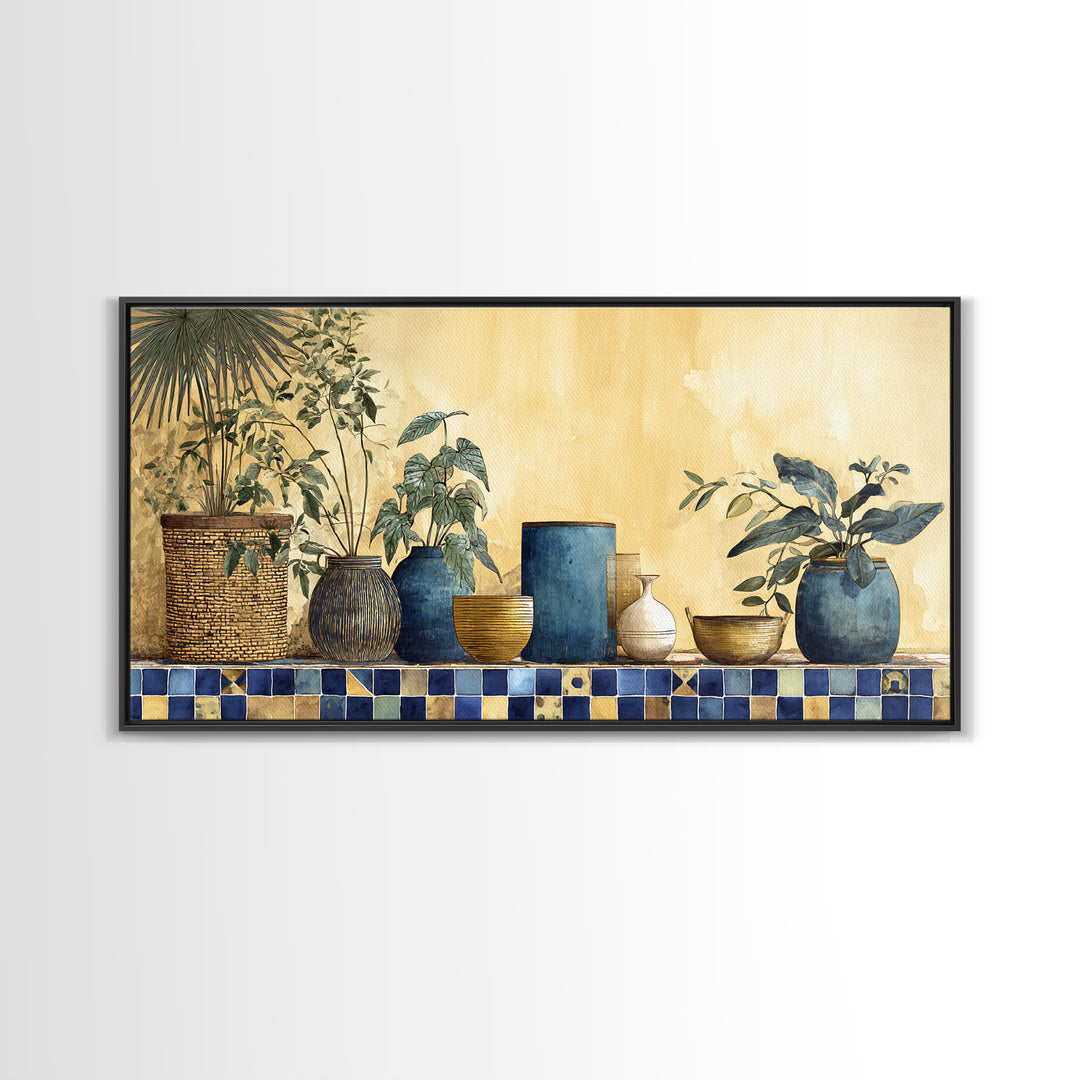 Spanish Tile Ornament Framed Canvas Print, Mediterranean Art, Large Wall Art, Living Room Decor, Oil Painting, Azure, MAR-2x1-60
