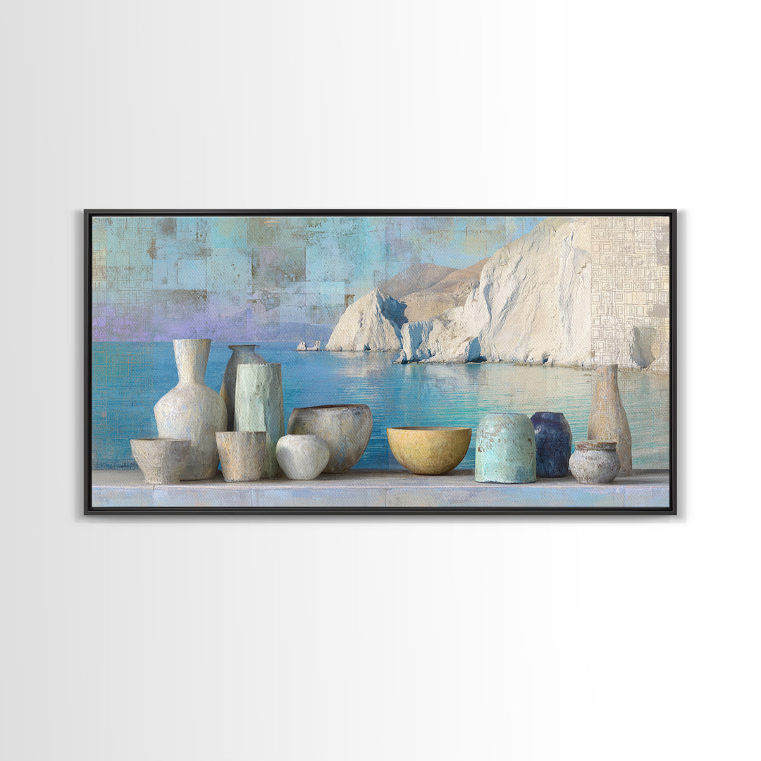 Coastal Cliffs with Sparkling Blue Water Canvas Print, Mediterranean Art, Framed Wall Art, Living Room Decor, Fine Art, Azure, MAR-2x1-64