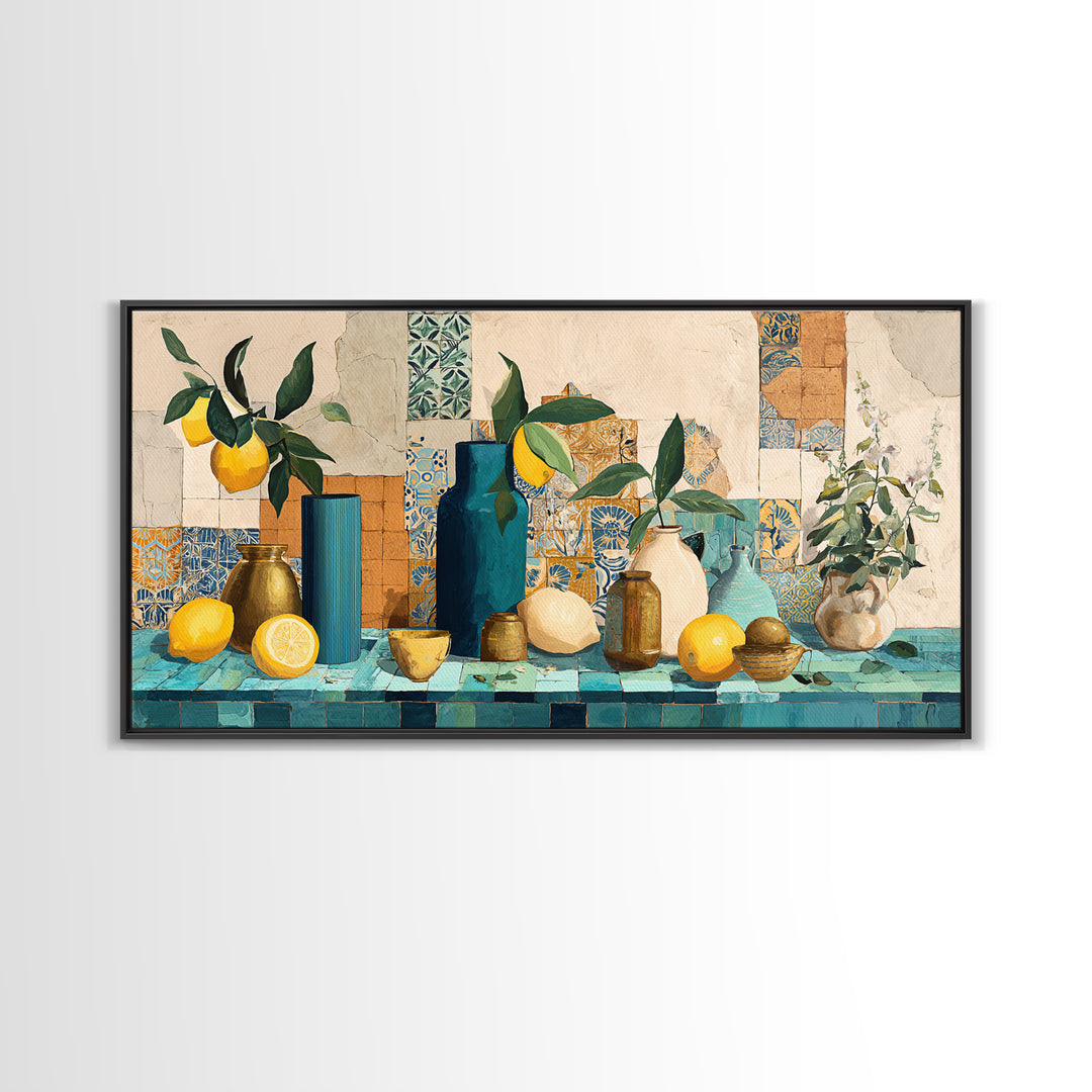 Olive Branch and Lemons on Terracotta Ground Canvas Print, Mediterranean Art, Minimalist Decor, Living Room Decor, Oil Painting, MAR-2x1-70