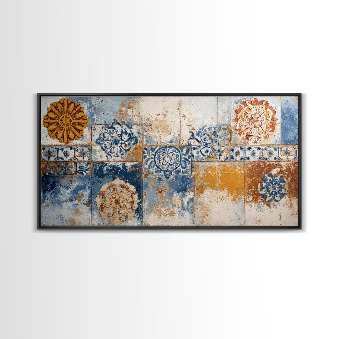 Blue and White Tile Pattern Framed Canvas Print, Mediterranean Art, Printable Art, Living Room Decor, Fine Art, Azure, MAR-2x1-72