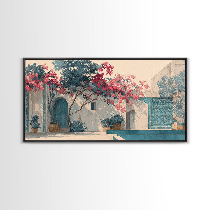 Bougainvillea Cascading over Stone Wall Canvas Print, Mediterranean Art, Home Decor, Living Room Decor, Fine Art, Azure, MAR-2x1-73