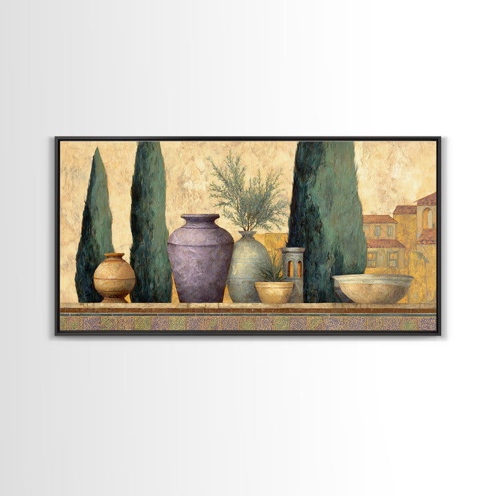 Tuscan Cypress Trees and Golden Hillside Canvas Print, Mediterranean Art, Living Room Decor, Watercolor Art, Azure, MAR-2x1-74