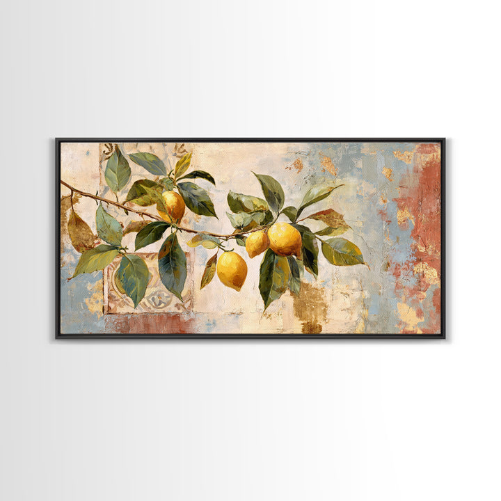 Sicilian Lemon Branch on Ivory Background Framed Canvas Print, Mediterranean Art, Original Painting, Living Room Decor, Azure, MAR-2x1-81