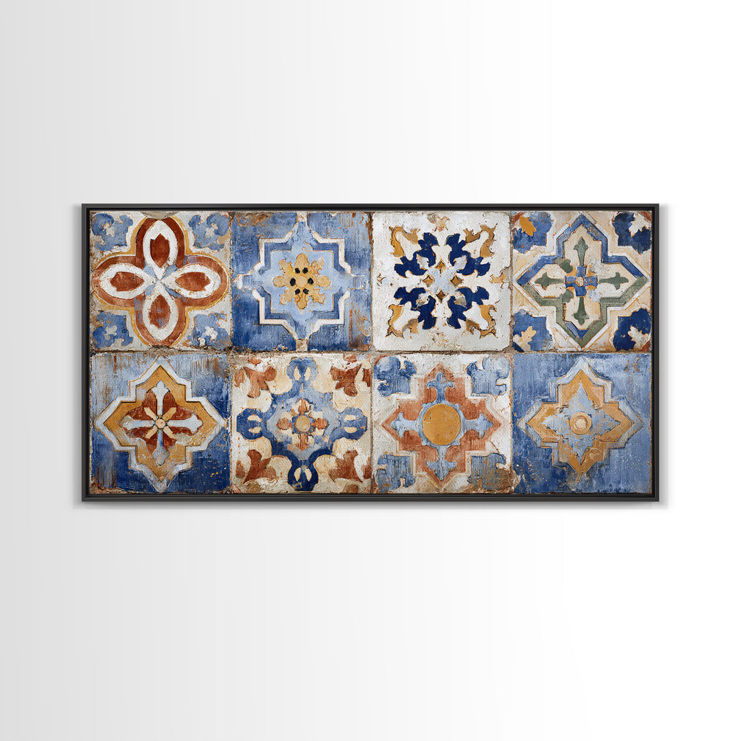 Spanish Tile Ornament Framed Canvas Print, Mediterranean Art, Coastal Wall Art, Living Room Decor, Azure, Living Room Art, MAR-2x1-84