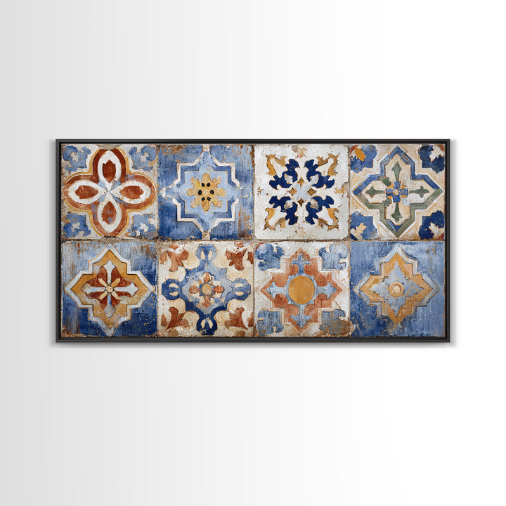 Spanish Tile Ornament Framed Canvas Print, Mediterranean Art, Coastal Wall Art, Living Room Decor, Azure, Living Room Art, MAR-2x1-84