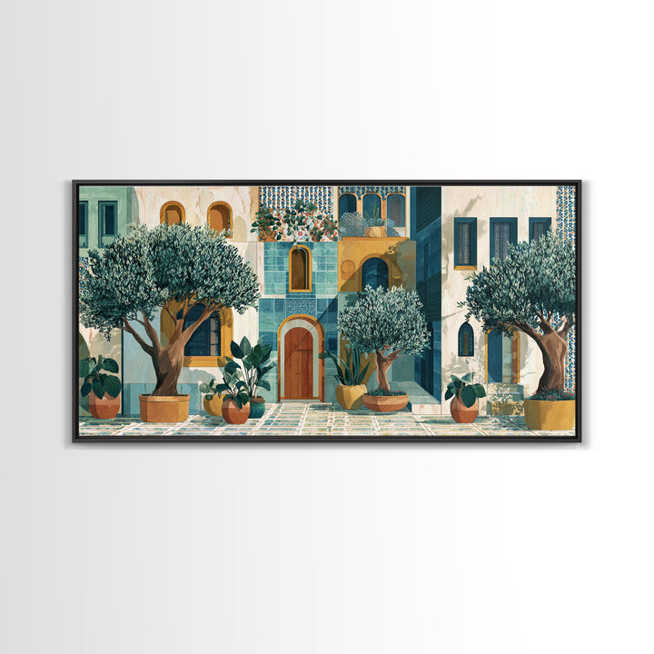 Olive Grove under Pale Morning Light Framed Canvas Print, Mediterranean Art, Oil Painting, Living Room Decor, Fine Art, Azure, MAR-2x1-85
