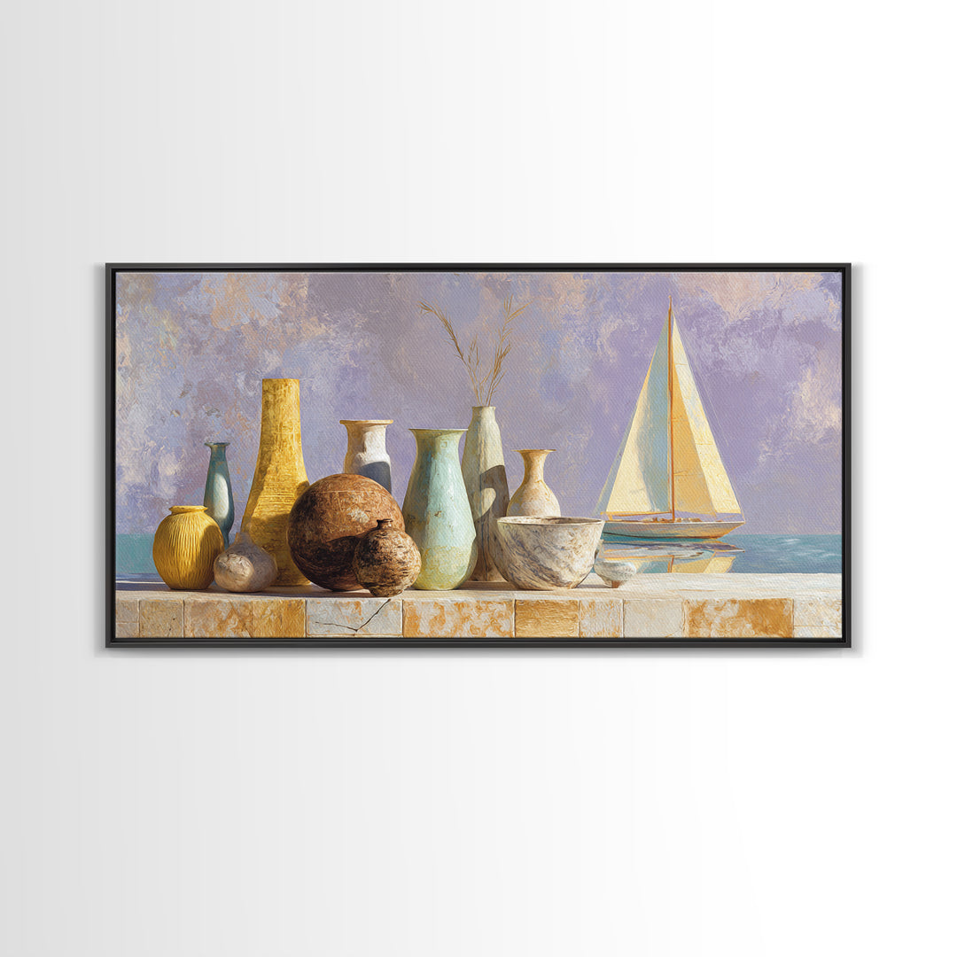 Mediterranean Sailboat on Glassy Water Framed Canvas Print, Mediterranean Art, Textured Painting, Living Room Decor, Azure, MAR-2x1-86