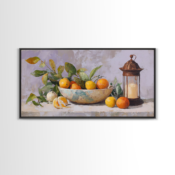 Ceramic Bowl of Oranges and Leaves Canvas Print, Mediterranean Art, Digital Wall Art, Living Room Decor, Fine Art, Azure, MAR-2x1-89