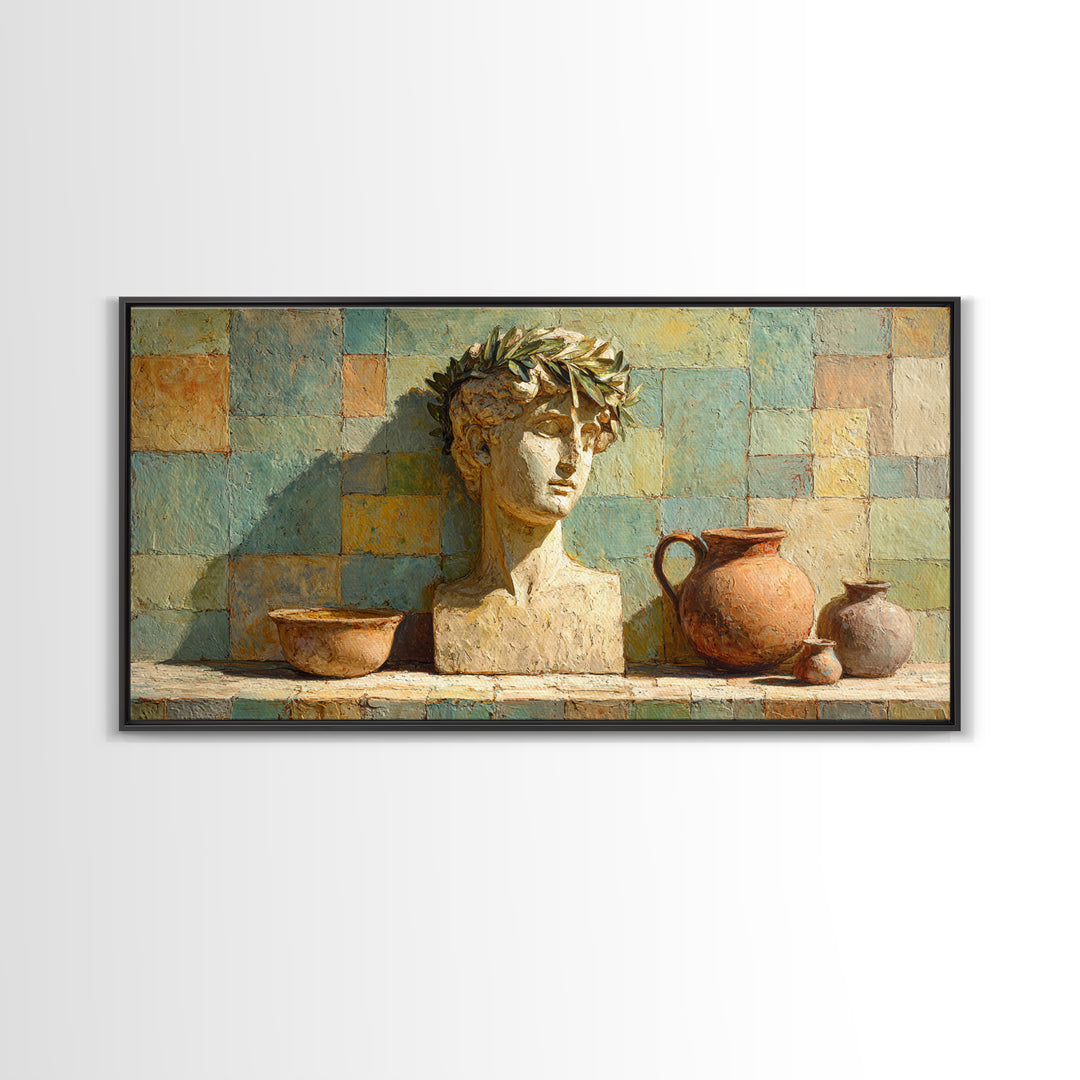 Roman Statue Bust Framed Canvas Print, Mediterranean Art, Living Room Decor, Oil Painting, Azure, Farmhouse Decor, MAR-2x1-90