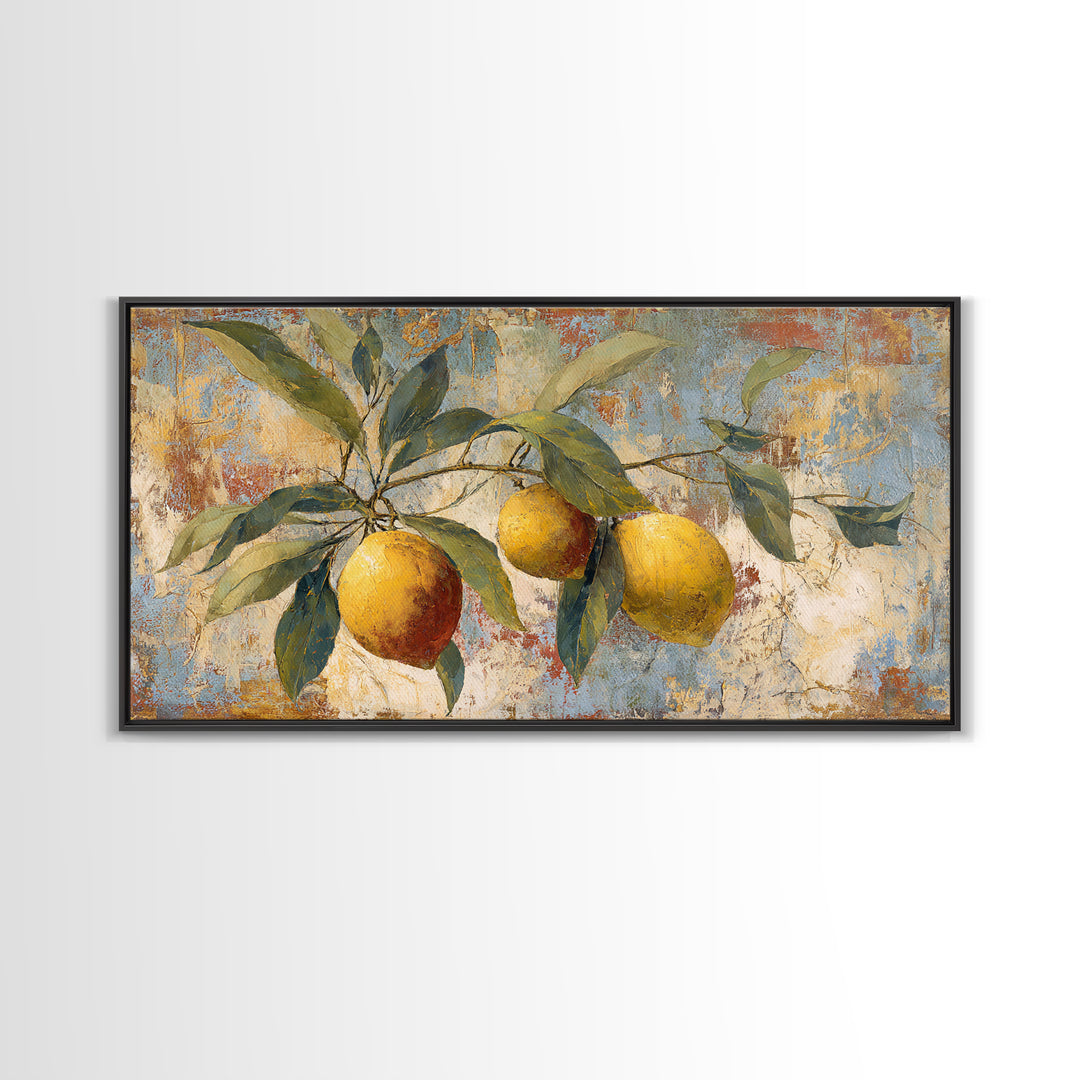 Olive Branch and Lemons on Terracotta Ground Canvas Print, Mediterranean Art, Minimalist Decor, Living Room Decor, Oil Painting, MAR-2x1-94
