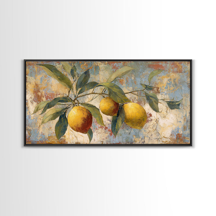 Olive Branch and Lemons on Terracotta Ground Canvas Print, Mediterranean Art, Minimalist Decor, Living Room Decor, Oil Painting, MAR-2x1-94