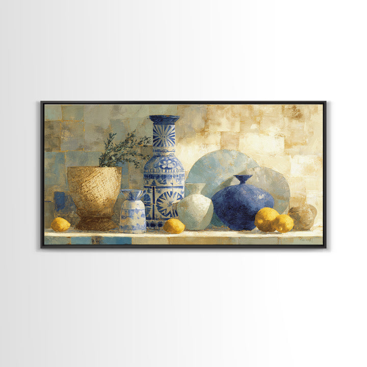 Blue and White Tile Pattern Framed Canvas Print, Mediterranean Art, Coastal Decor, Living Room Decor, Oil Painting, Azure, MAR-2x1-96