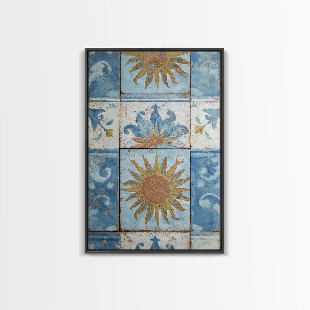 Blue and White Tile Pattern Framed Canvas Print, Mediterranean Art, Fine Art Print, Living Room Decor, Oil Painting, Azure, MAR-2x3-12