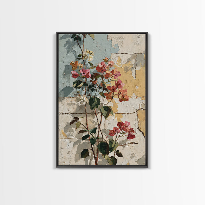 Bougainvillea Cascading over Stone Wall Framed Canvas Print, Mediterranean Art, Room Decor, Living Room Decor, Fine Art, Azure, MAR-2x3-13