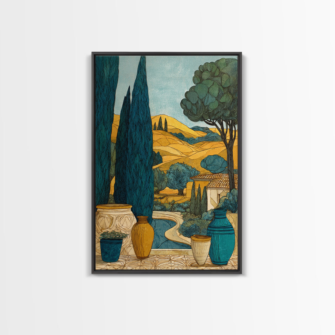 Tuscan Cypress Trees and Golden Hillside Canvas Print, Mediterranean Art, Modern Decor, Living Room Decor, Oil Painting, Azure, MAR-2x3-14
