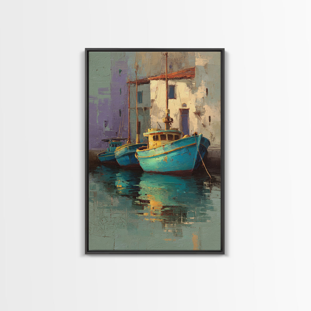 Coastal Fishing Boats Canvas Print, Mediterranean Art, Minimalist Wall Art, Living Room Decor, Fine Art, Azure, Neutral Decor, MAR-2x3-15