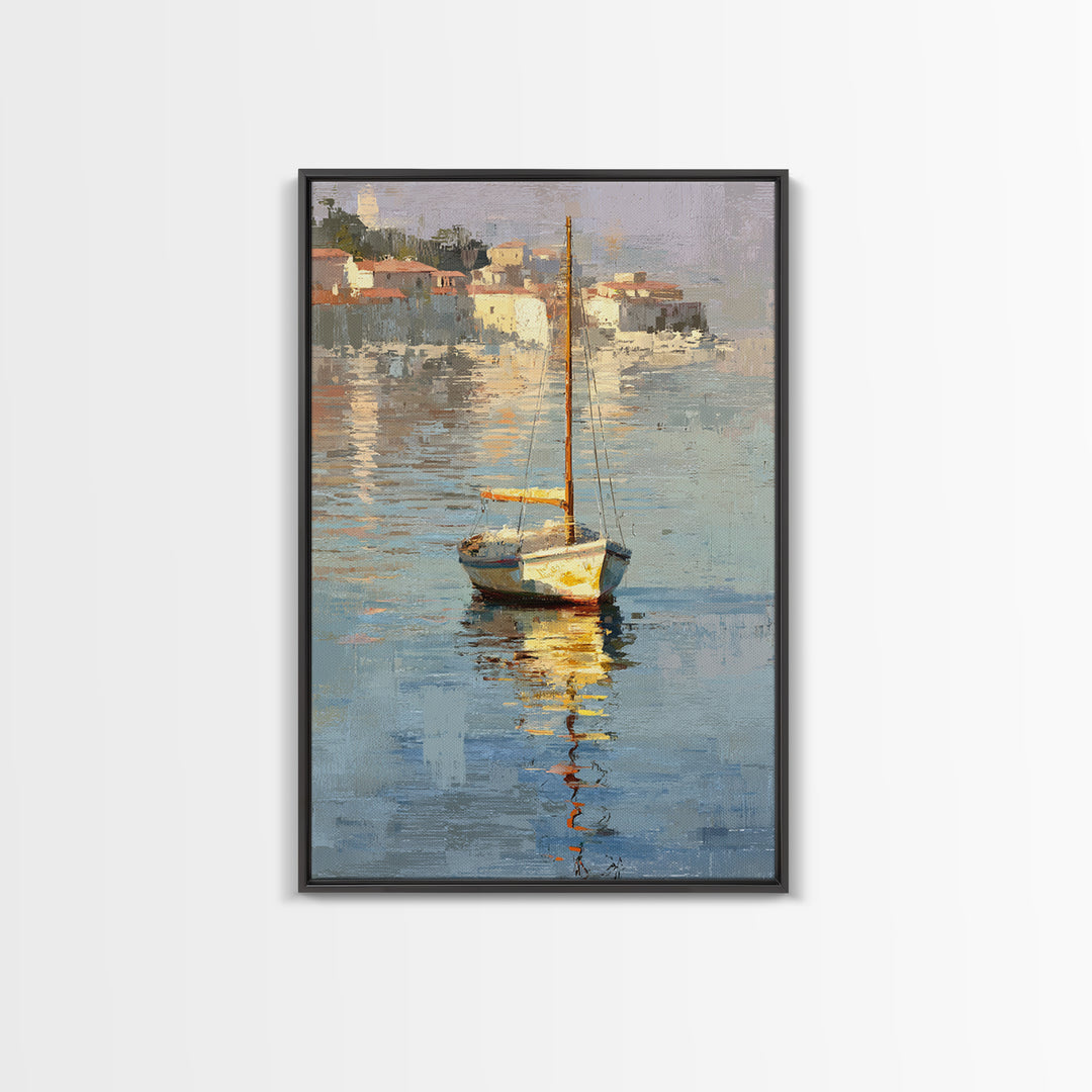Mediterranean Sailboat on Glassy Water Framed Canvas Print, Mediterranean Art, Gallery Decor, Living Room Decor, Abstract Art, MAR-2x3-2