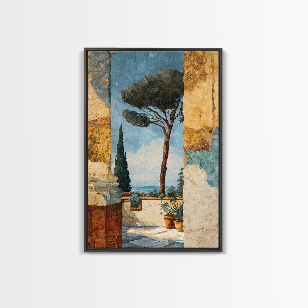 Ancient Column with Sea and Sky Beyond Framed Canvas Print, Mediterranean Art, Living Room Decor, Oil Painting, Azure, MAR-2x3-20