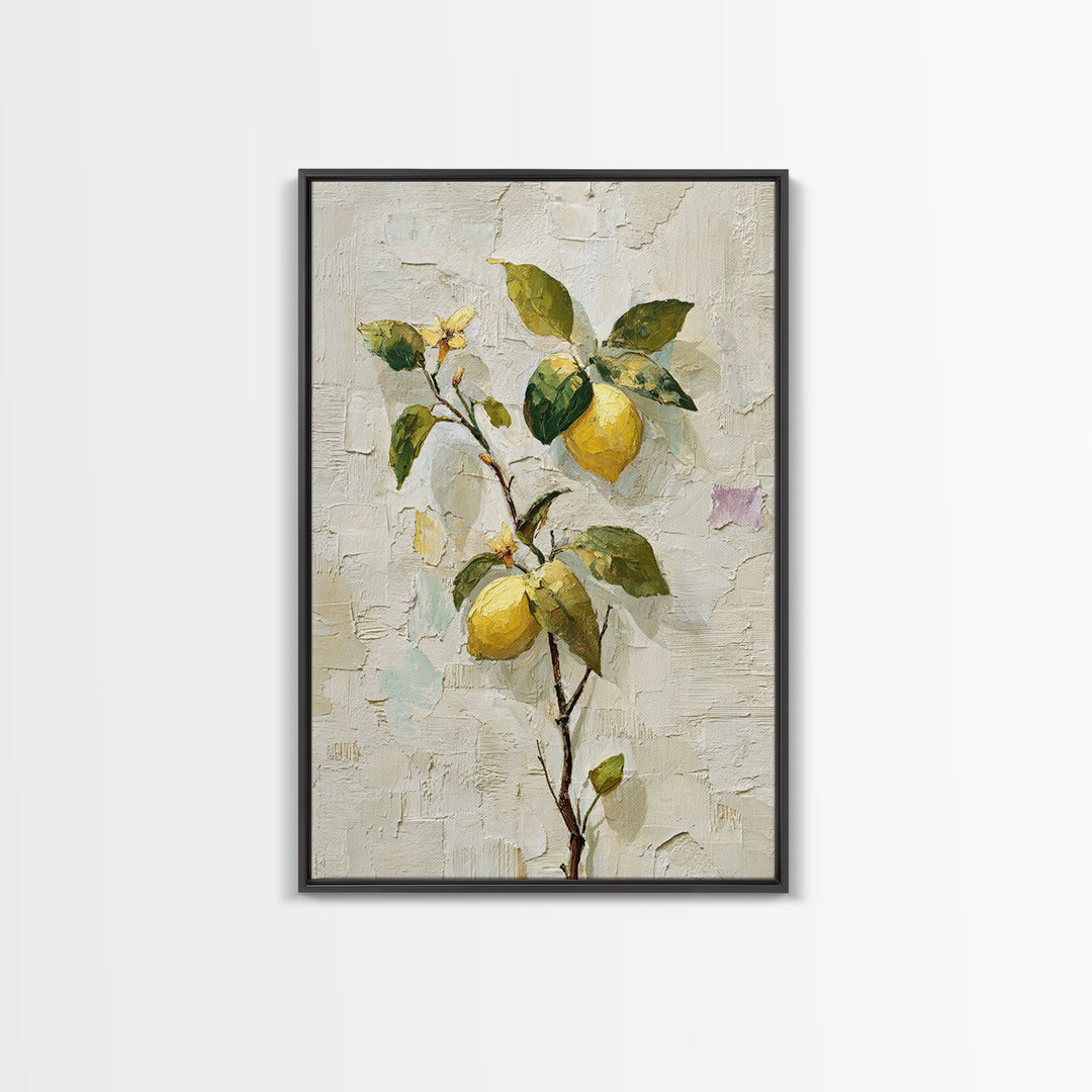 Sicilian Lemon Branch on Ivory Background Framed Canvas Print, Mediterranean Art, Boho Decor, Living Room Decor, Azure, MAR-2x3-21
