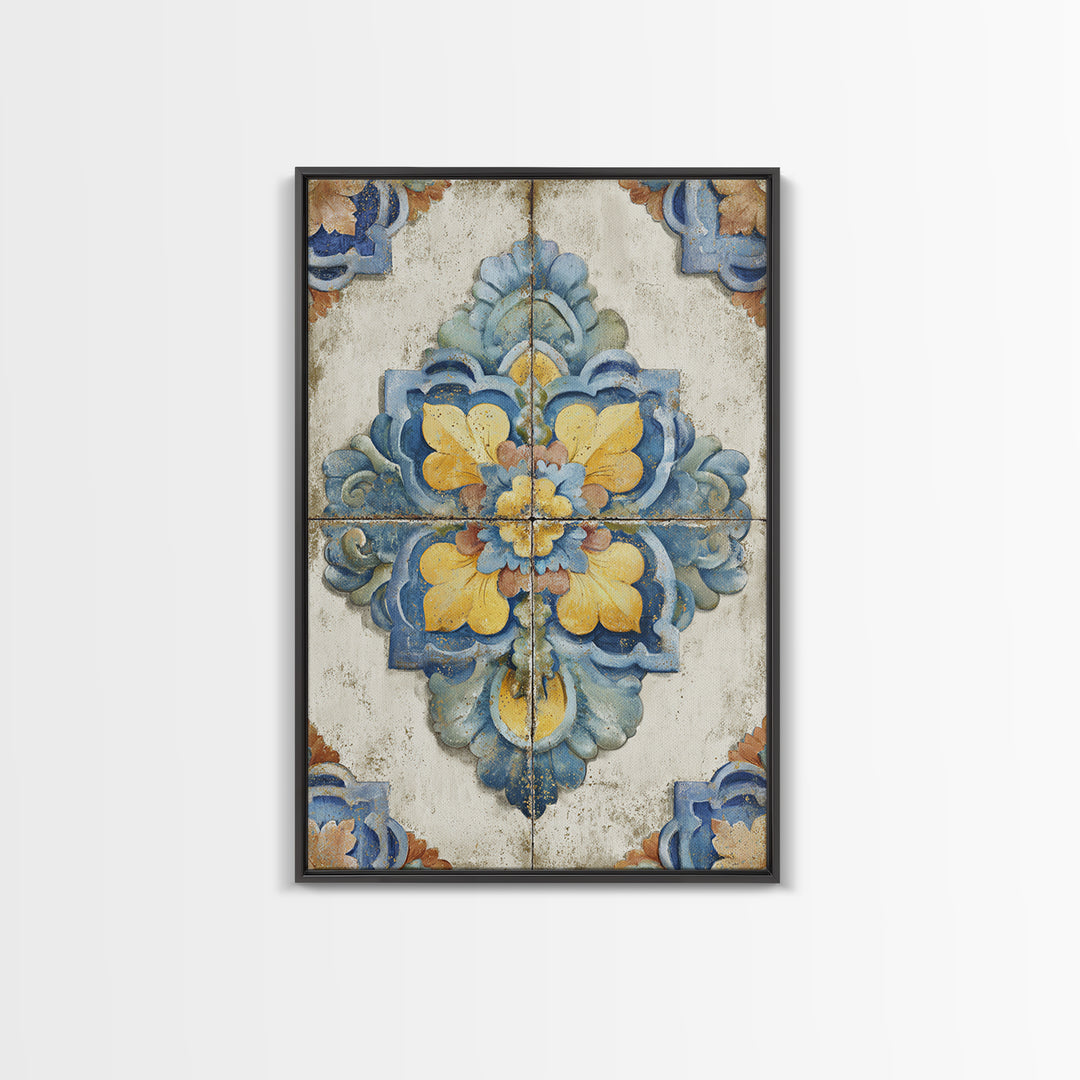 Spanish Tile Ornament Framed Canvas Print, Mediterranean Art, Nautical Decor, Living Room Decor, Azure, Coastal Wall Decor, MAR-2x3-24