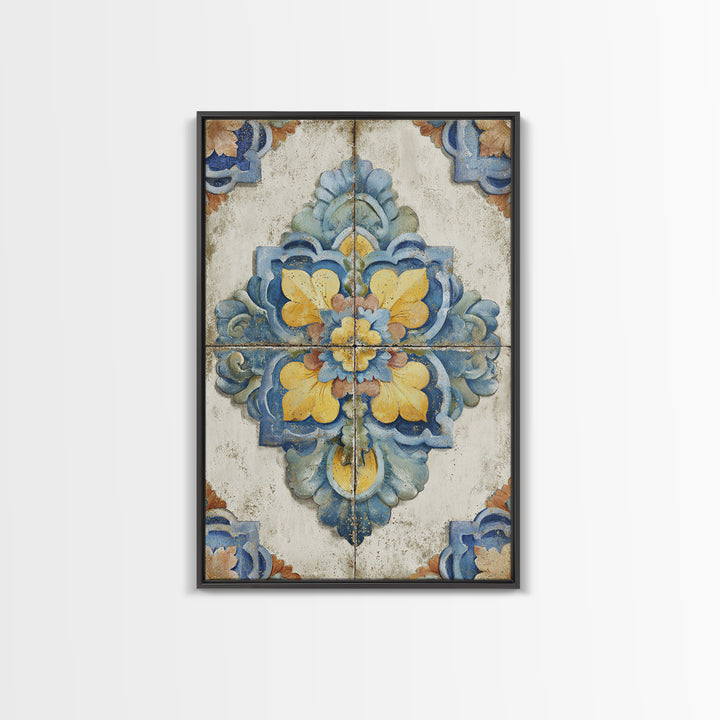 Spanish Tile Ornament Framed Canvas Print, Mediterranean Art, Nautical Decor, Living Room Decor, Azure, Coastal Wall Decor, MAR-2x3-24