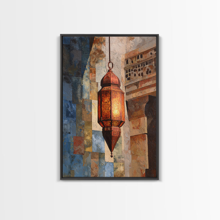 Moroccan Influenced Lantern Framed Canvas Print, Mediterranean Art, Textured Painting, Living Room Decor, Abstract Art, Azure, MAR-2x3-41