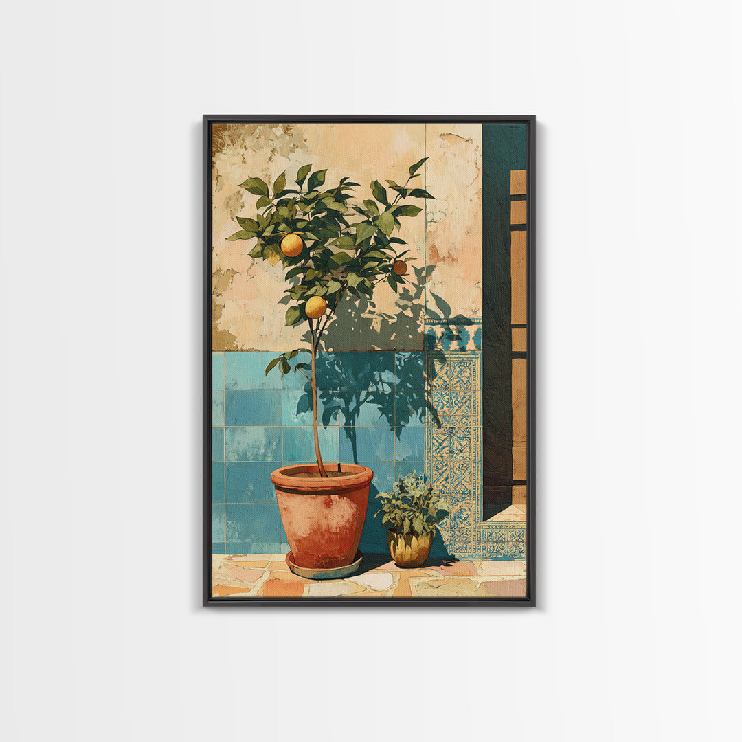 Citrus Tree in Clay Pot Framed Canvas Print, Mediterranean Art, Fine Art Print, Living Room Decor, Watercolor Art, Azure, MAR-2x3-42